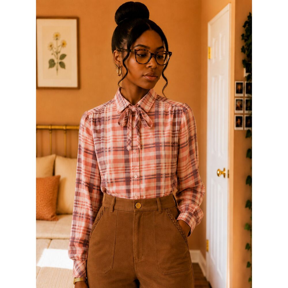 Vintage 70's Act III Women's Plaid Pussybow Tie Blouse Secretary Dark Academia